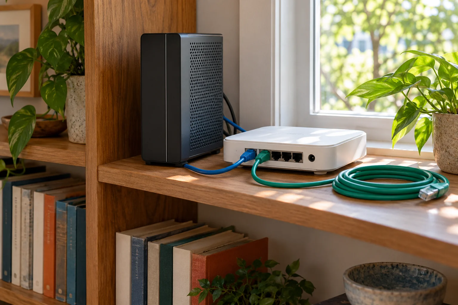 Generated image: a small server and network device connected by cables on a daylight shelf.