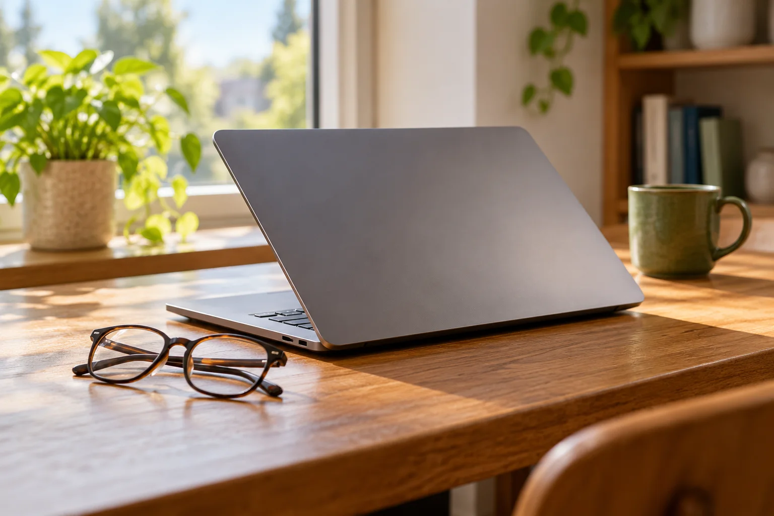 Image générée : ordinateur portable sans marque et lunettes sur une table en bois éclairée par la fenêtre.