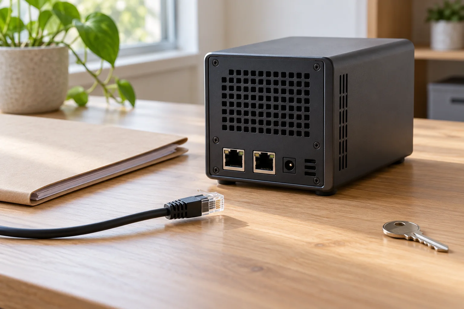 Generated image: a small black server, unplugged Ethernet cable, folder and key on a wooden table in window light.