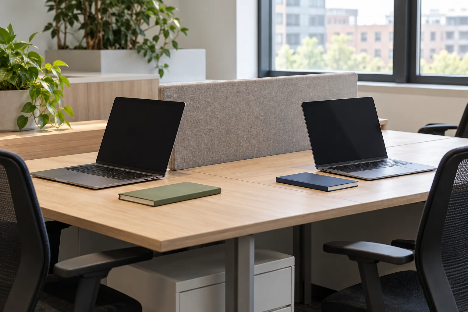 Generated image: two laptops and notebooks on daylight-lit desks with a fabric divider. An illustration, not a photograph of the incident.