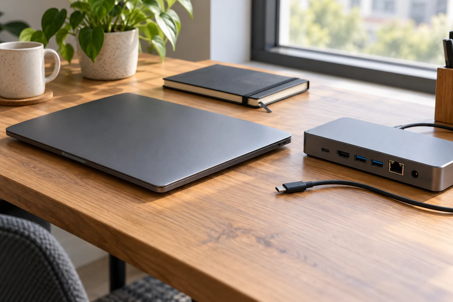 Image générée : ordinateur fermé, station d’accueil et câble USB-C débranché sur un bureau éclairé par une fenêtre.