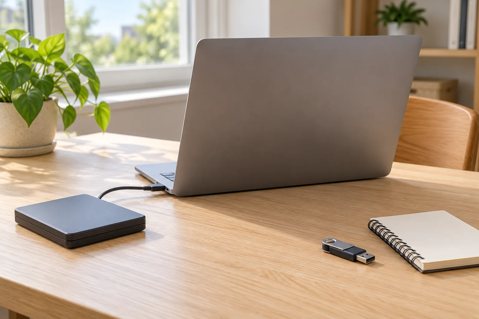 Image générée : ordinateur portable avec disque de sauvegarde externe, clé USB et carnet sur un bureau éclairé par une fenêtre.