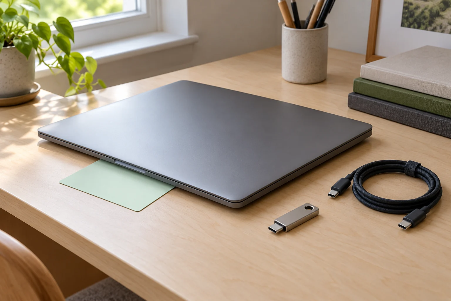 Image générée : ordinateur portable fermé, petite clé USB métallique et câble sur un bureau en bois éclairé par une fenêtre.