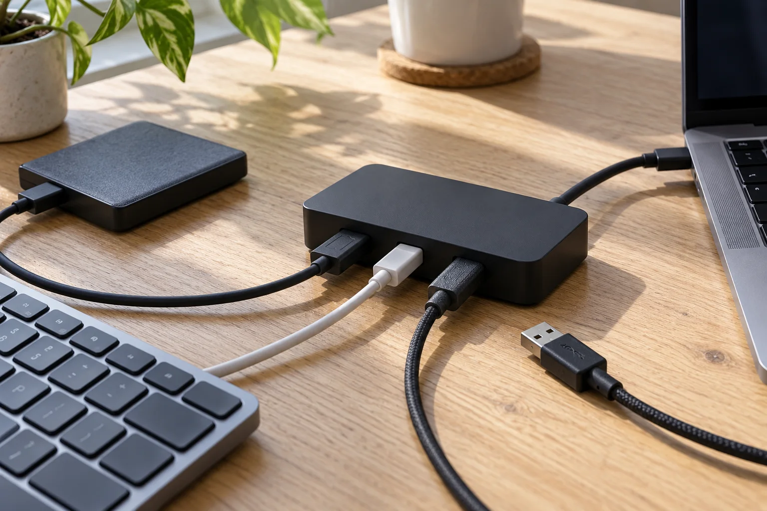 Image générée : hub USB noir avec plusieurs câbles branchés et un connecteur laissé débranché sur une table en bois.