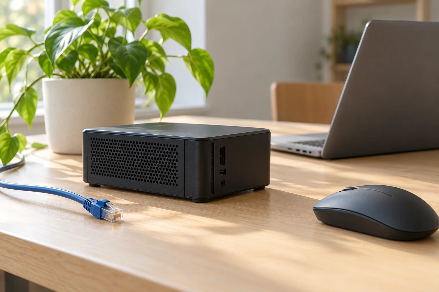 Image générée : mini-ordinateur noir et câble Ethernet débranché sur une table en bois, près d’un ordinateur portable.