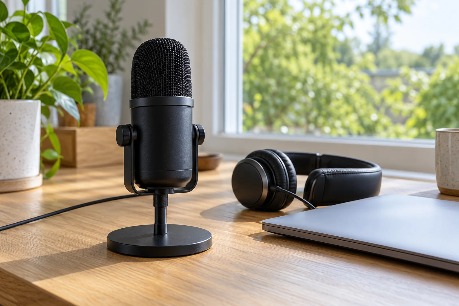 Image générée : microphone noir, casque et ordinateur fermé sur une table éclairée par une fenêtre.
