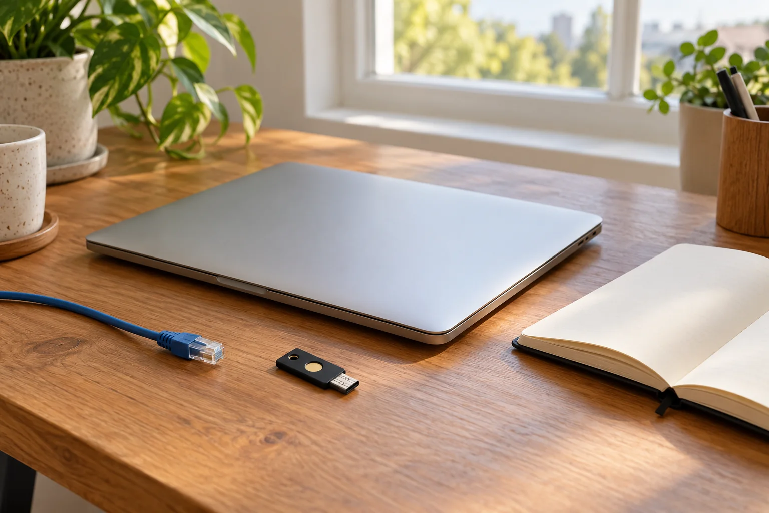 Generated image: a closed laptop, black USB security key, unplugged blue network cable and blank notebook on a wooden desk.