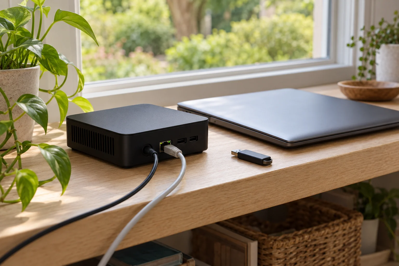 Image générée : miniordinateur noir câblé, ordinateur portable fermé et clé USB sur une étagère éclairée par une fenêtre.