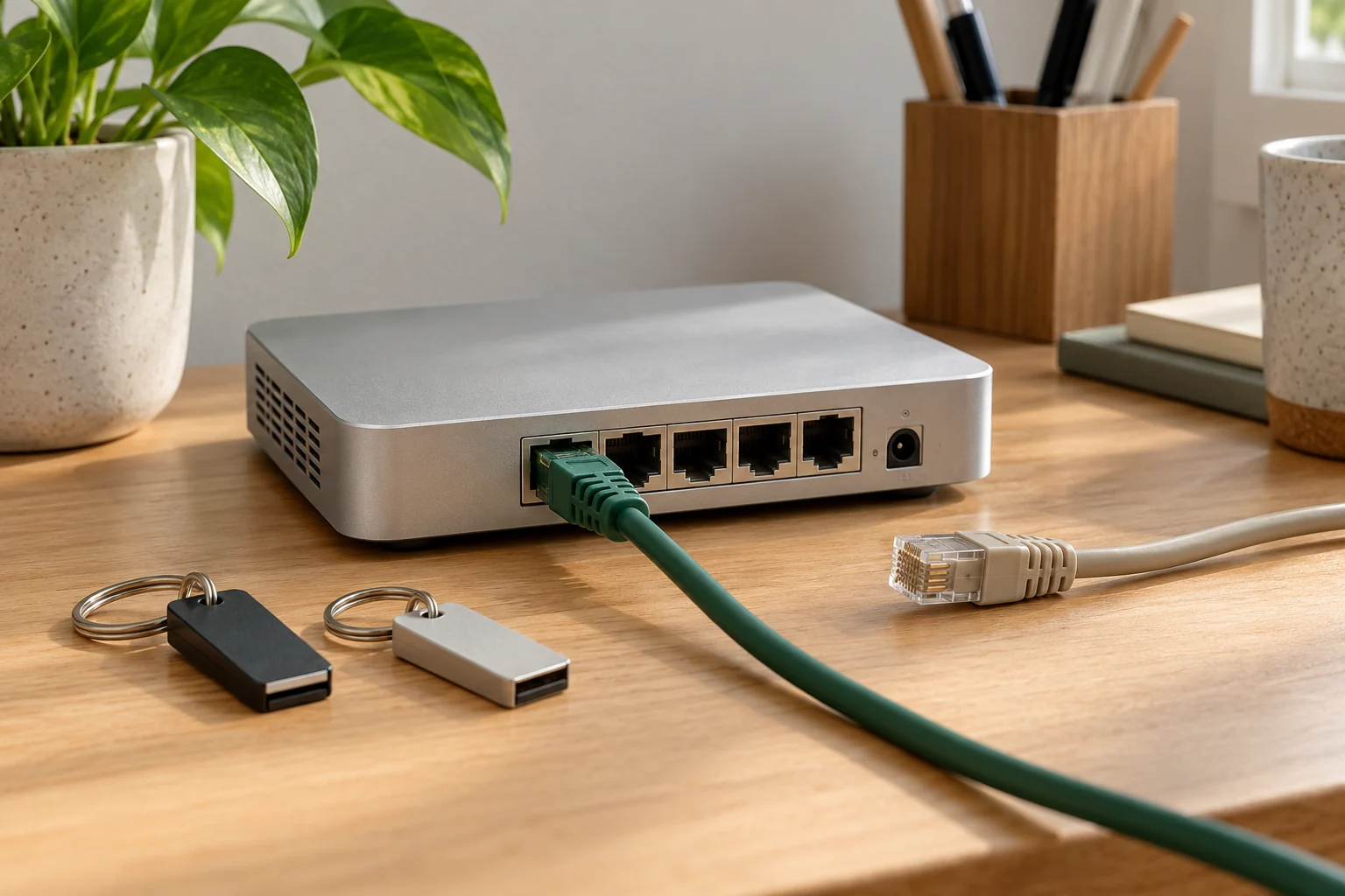 Image générée : petit équipement réseau avec un câble vert branché, un câble beige débranché et deux clés USB séparées sur un bureau en bois.