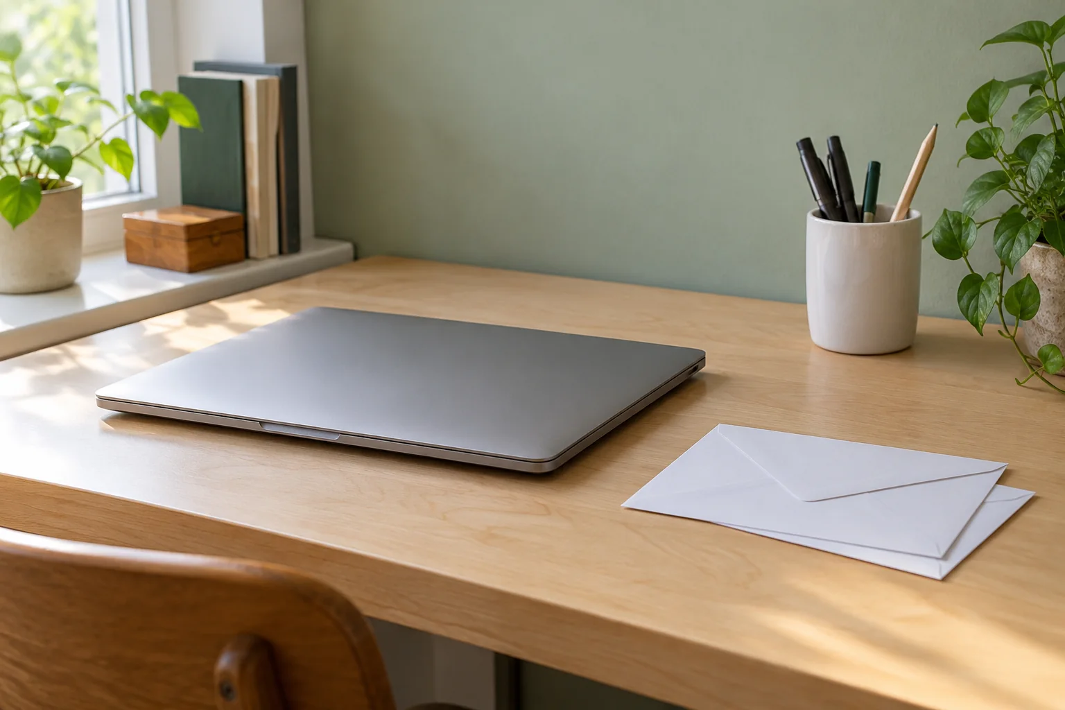 Image générée : ordinateur portable fermé et deux enveloppes blanches sur un bureau éclairé par une fenêtre.