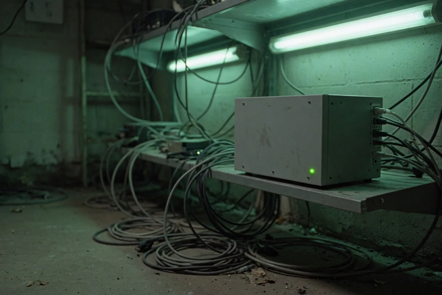 Illustration, not a SonicWall screenshot. A network box in a dark room, one green light.