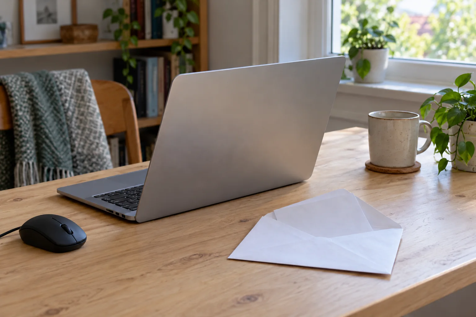 Image générée : dos d’un ordinateur portable ouvert, souris et enveloppe blanche sur un bureau éclairé par une fenêtre.