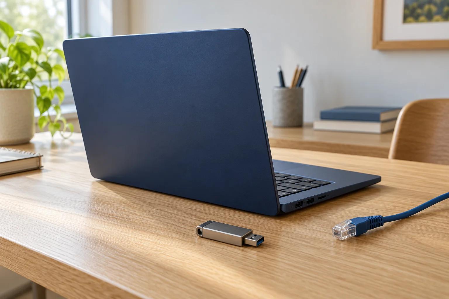 Image générée : ordinateur portable bleu, clé USB et connecteur Ethernet débranché sur un bureau en bois éclairé par une fenêtre.